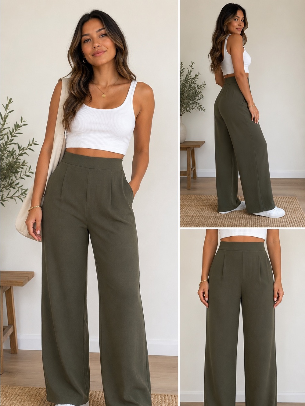 H&M Olive Green Wide Leg High Waist Full Length Pants Size 8 NWT